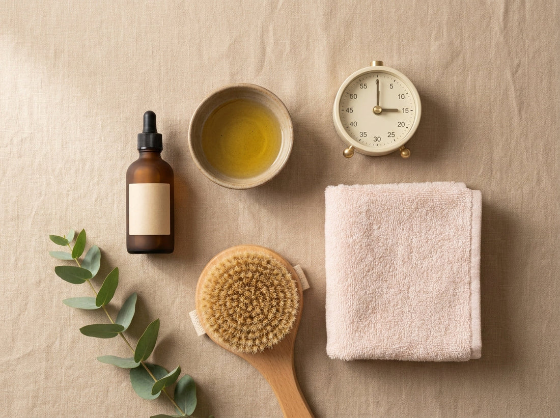 Flat lay routine corps brosse seche huile sablier 15 minutes