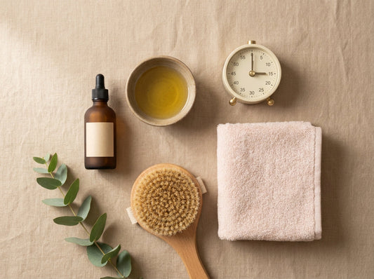 Flat lay routine corps brosse seche huile sablier 15 minutes